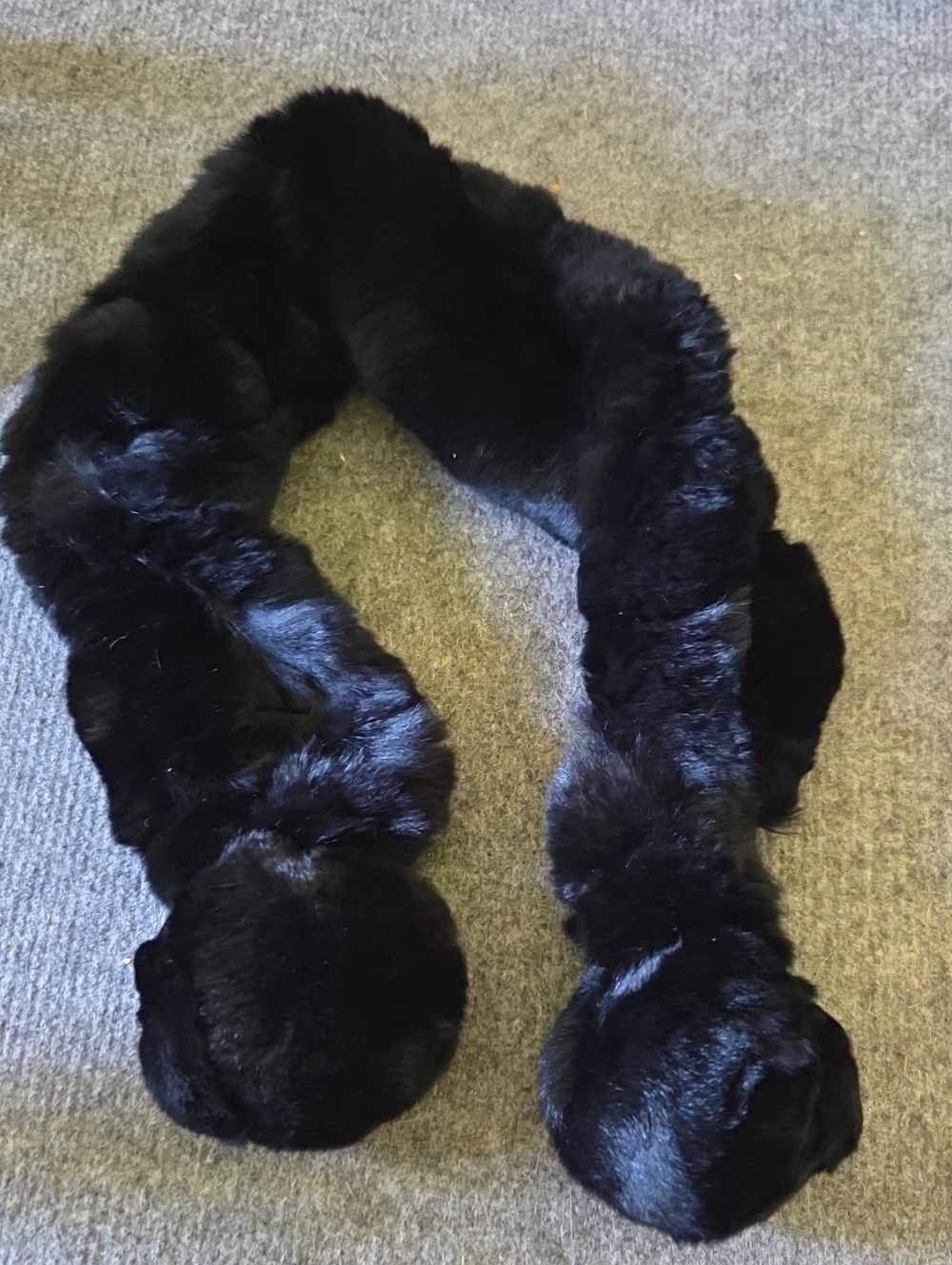 Black Rabbit Fur Scarf with Pom-Pom Ends - Made In Spain
